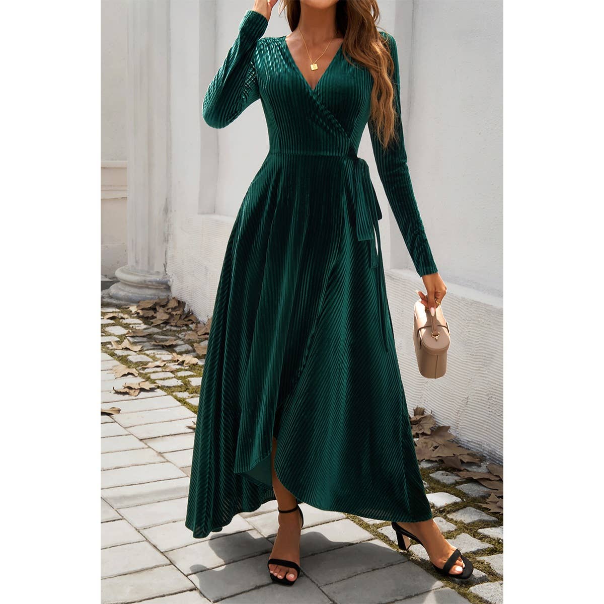 V Neck Velvet Midi Dress