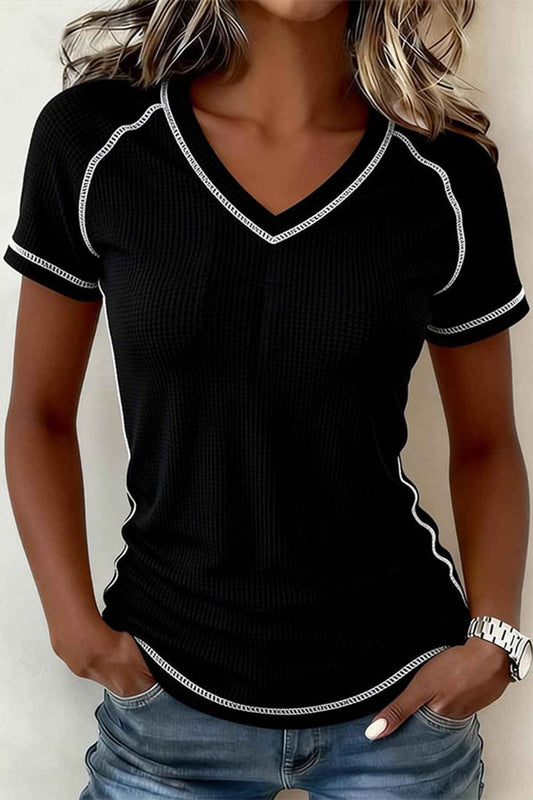 Modern Athletic Rib-Knit Top with White Overlock Seam Detail