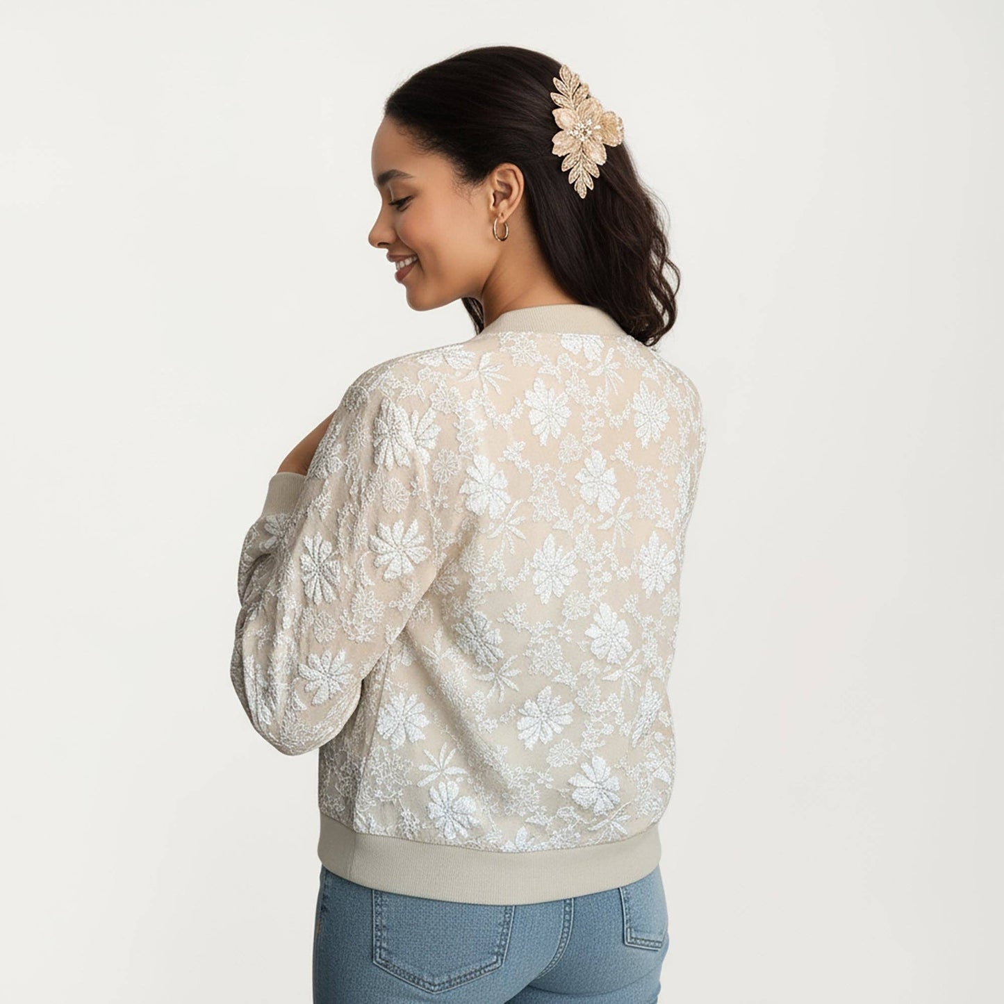 Sheer Floral Lace Bomber Jacket