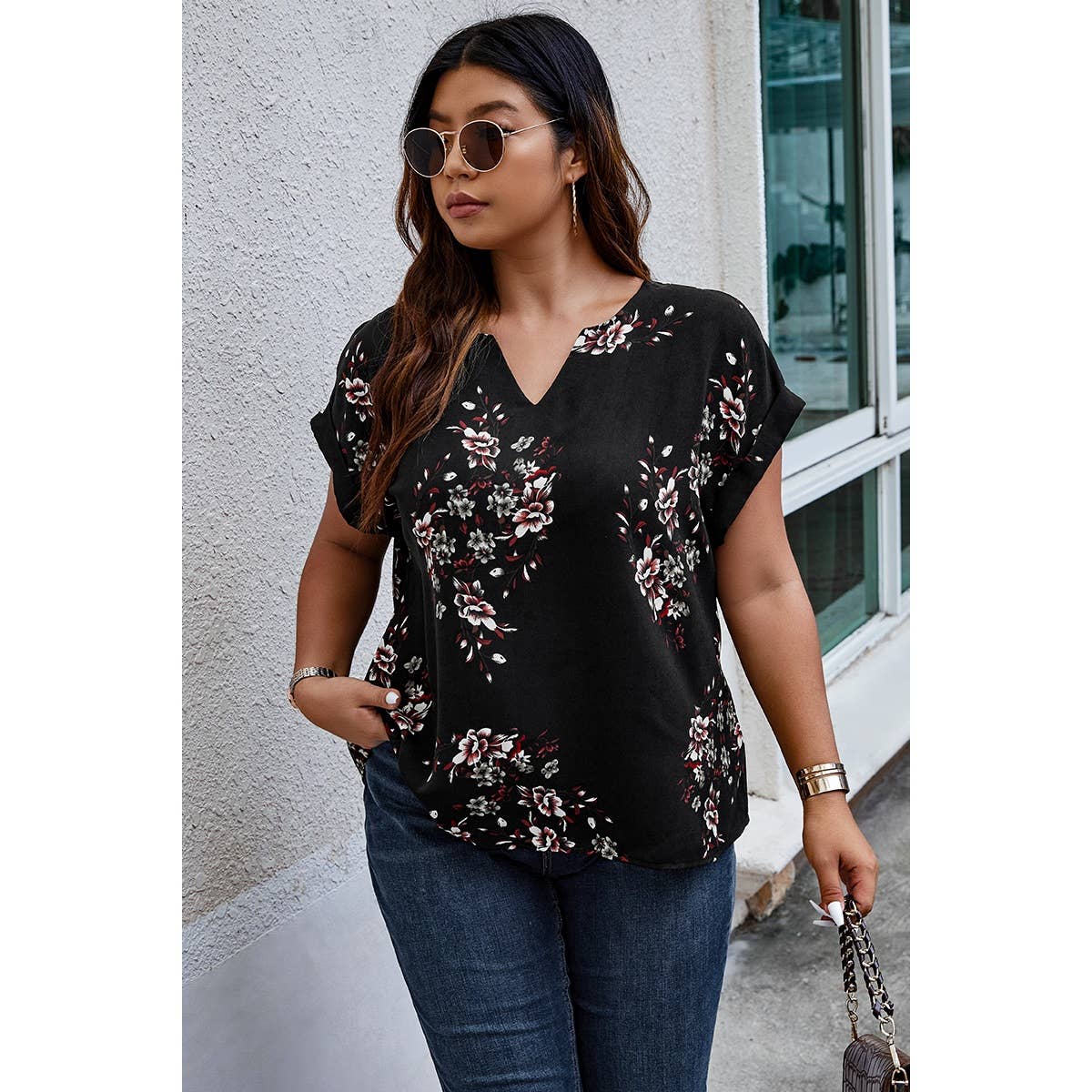 Plus Size Floral Print V Neck Loose Blouse