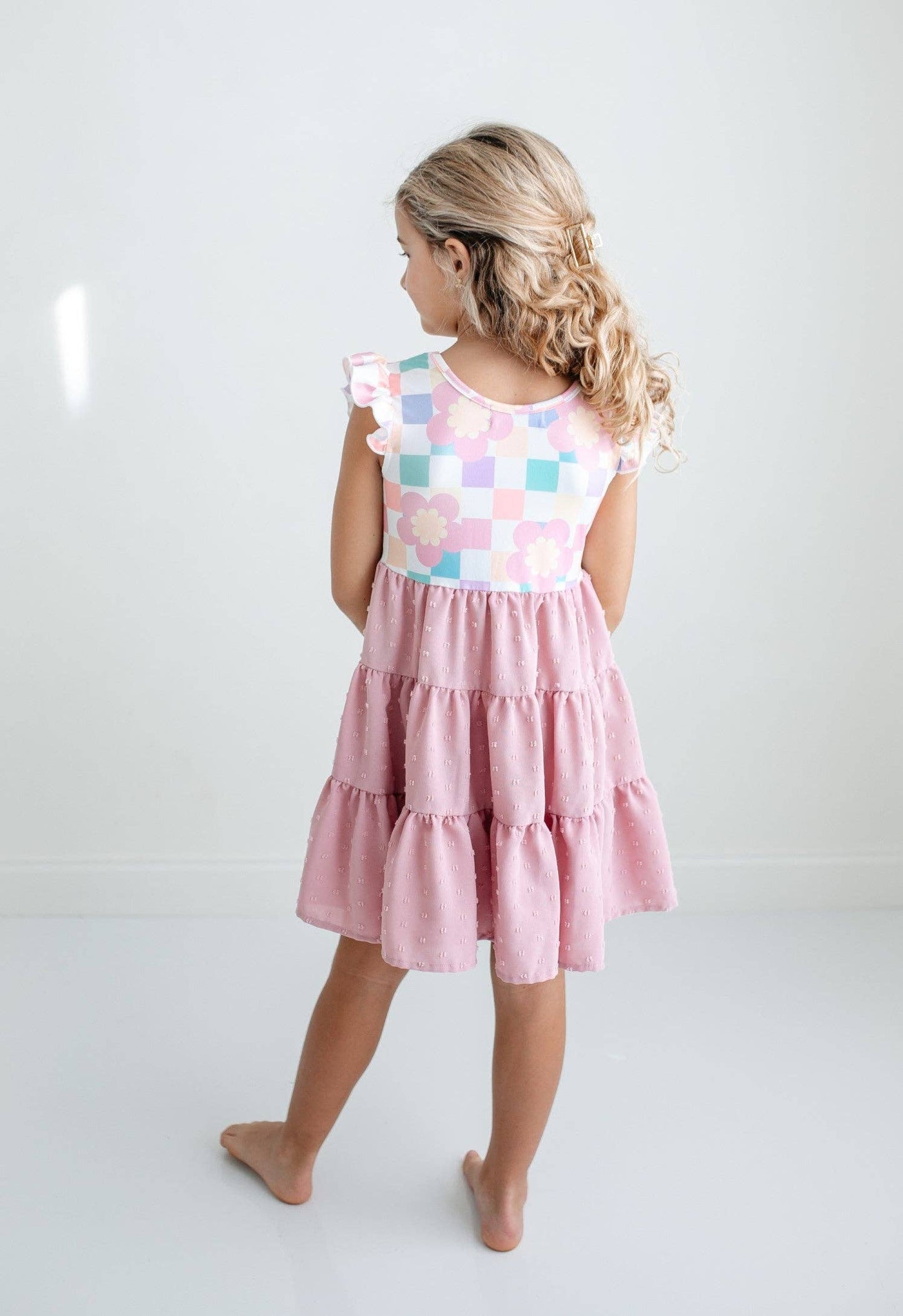 Girls Pink Check Swiss Dot Dress
