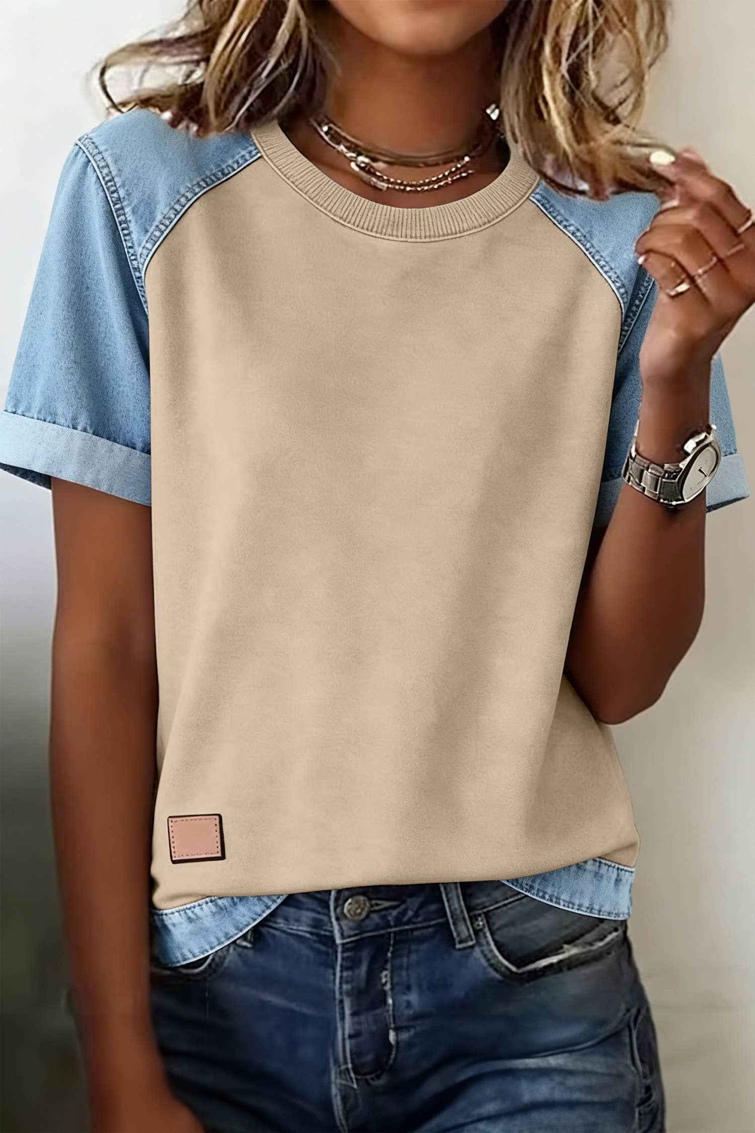66DISCO - Spring 2026Denim Color Block Patchwork Round Neck Tee (S-XL)