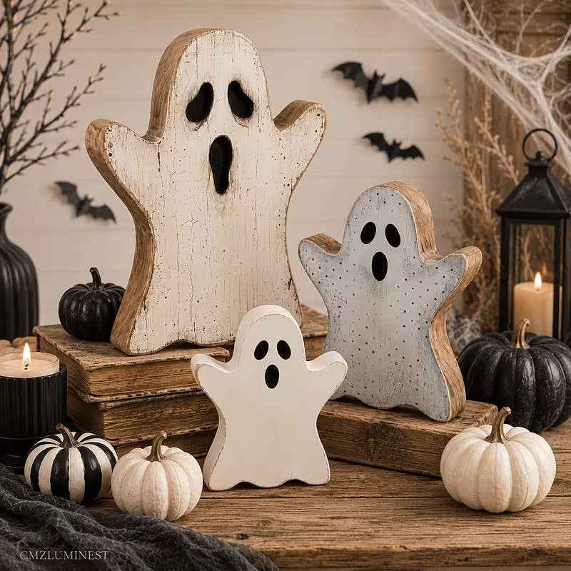 BOO Wooden Decor Set of 3 White Ghosts