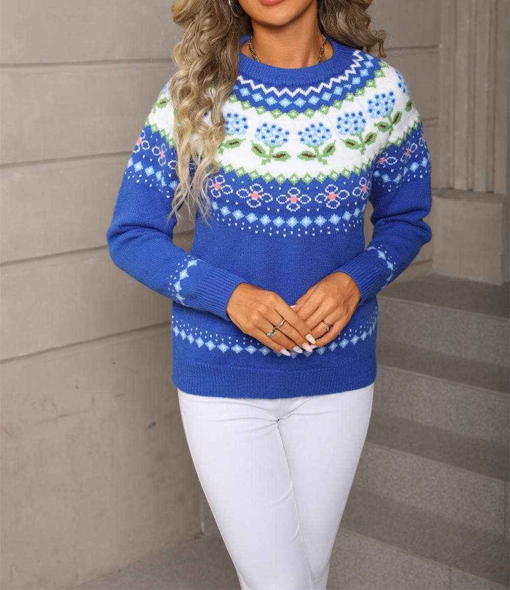 Anna Kaci Wholesale - Floral Fair Isle Knit Sweater with Crew Neck