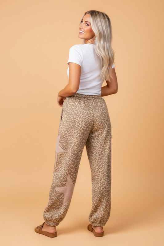 Leopard Star Patch Drawstring Jogger Pants