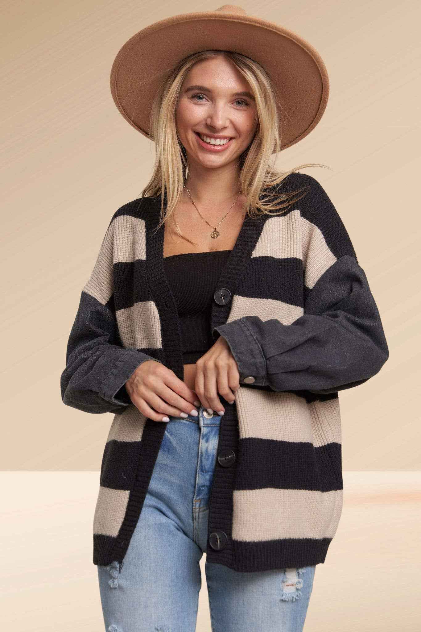 Madelyn - LESW3444A-DENIM SLEEVE STRIPE SWEATER CARDIGAN