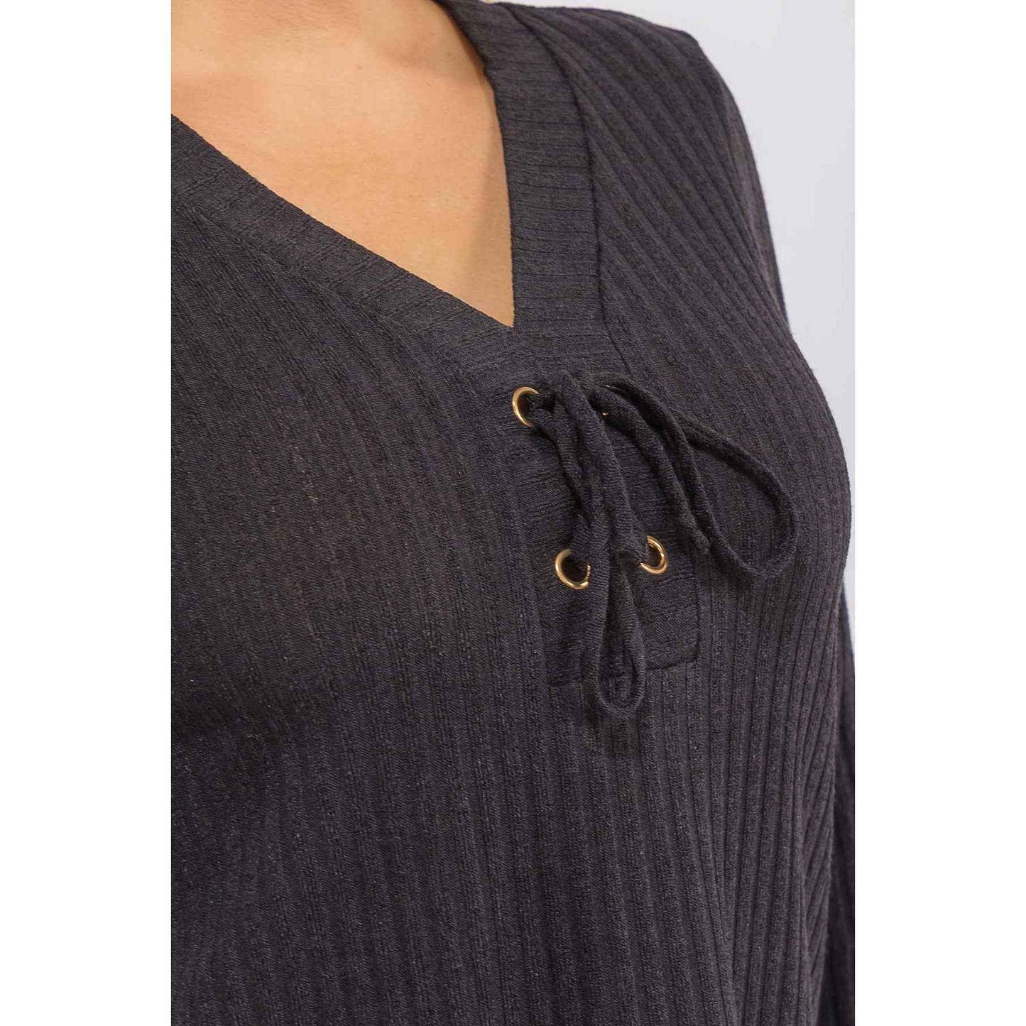 Perseption - PLUS RIB KNIT HALF LACE UP GROMMENT SWEATSHIRT