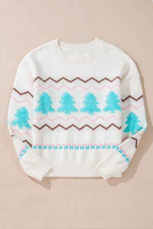 Christmas Tree Chevron Stripe Ribbed Trim Sweater