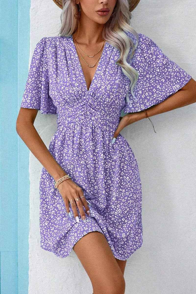 V-Neck Floral Pleated Dress
