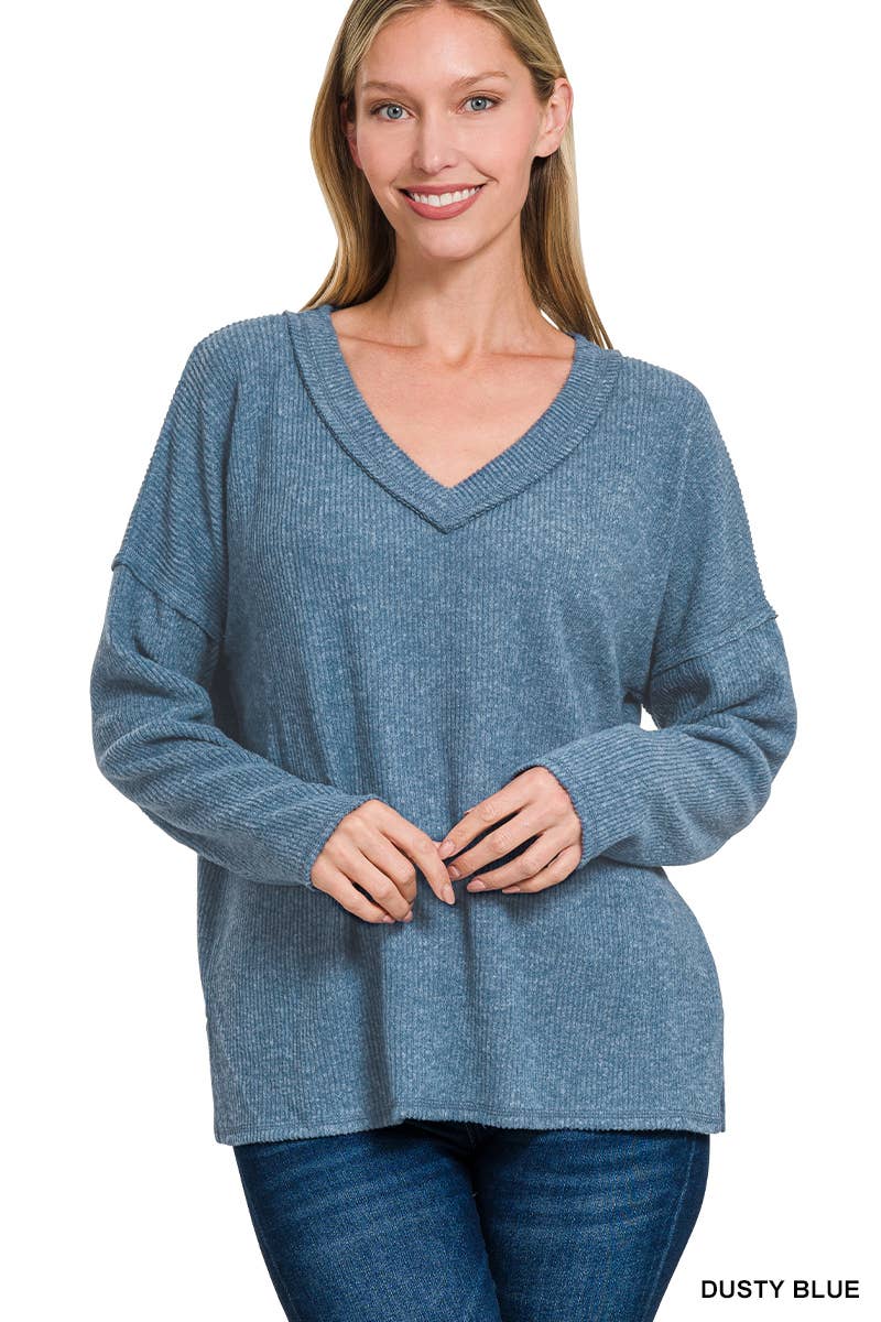 Ribbed V Neck Drop Shoulder Sweater - Threads Boutique