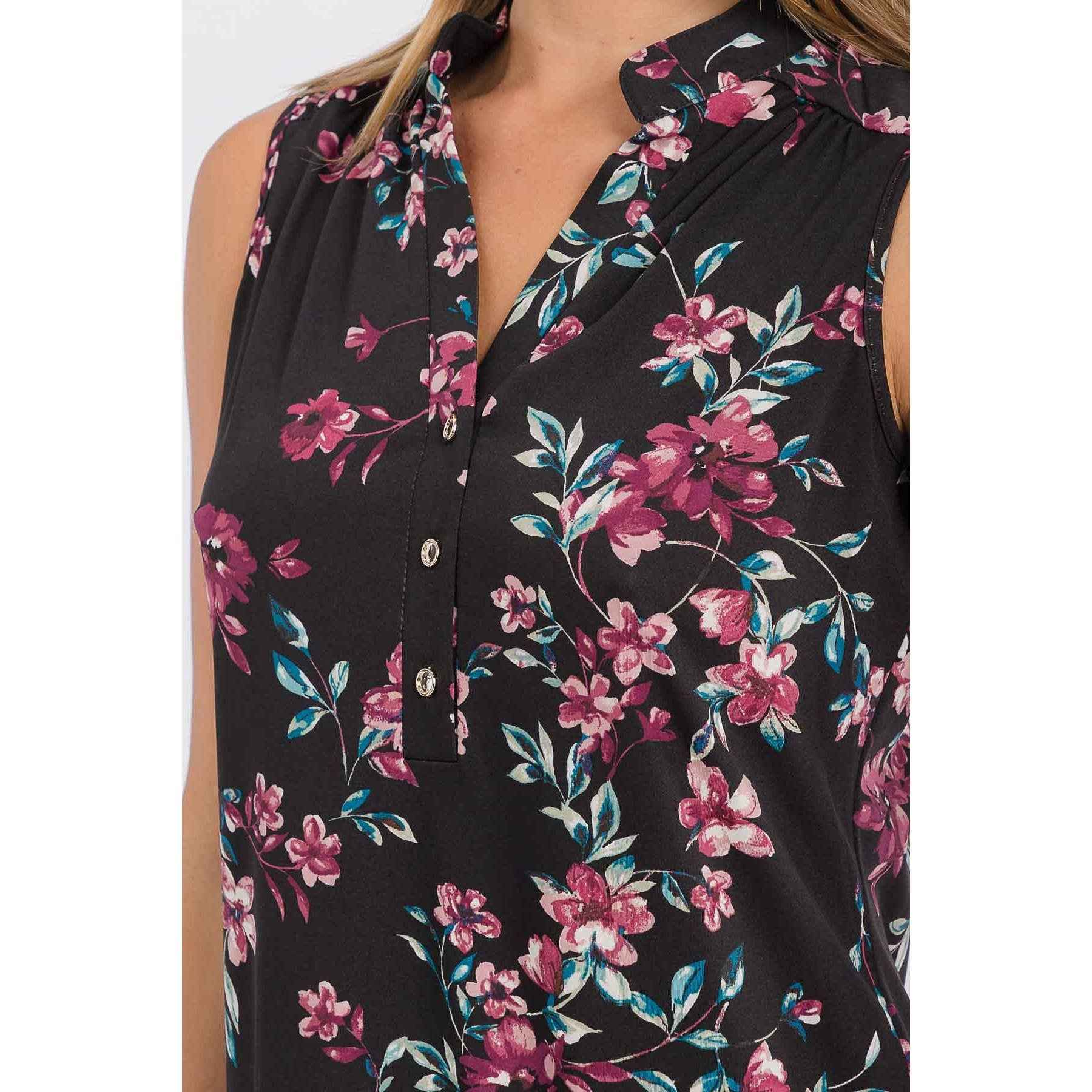 Perseption - FLORAL MANDARIN COLLAR V NECK SLEEVELESS SHIRT