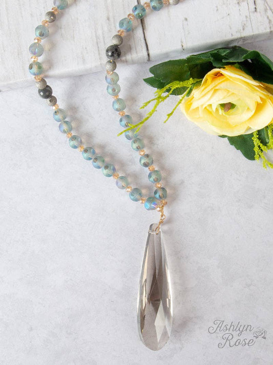 Grey Beaded Necklace with Teardrop Jewel