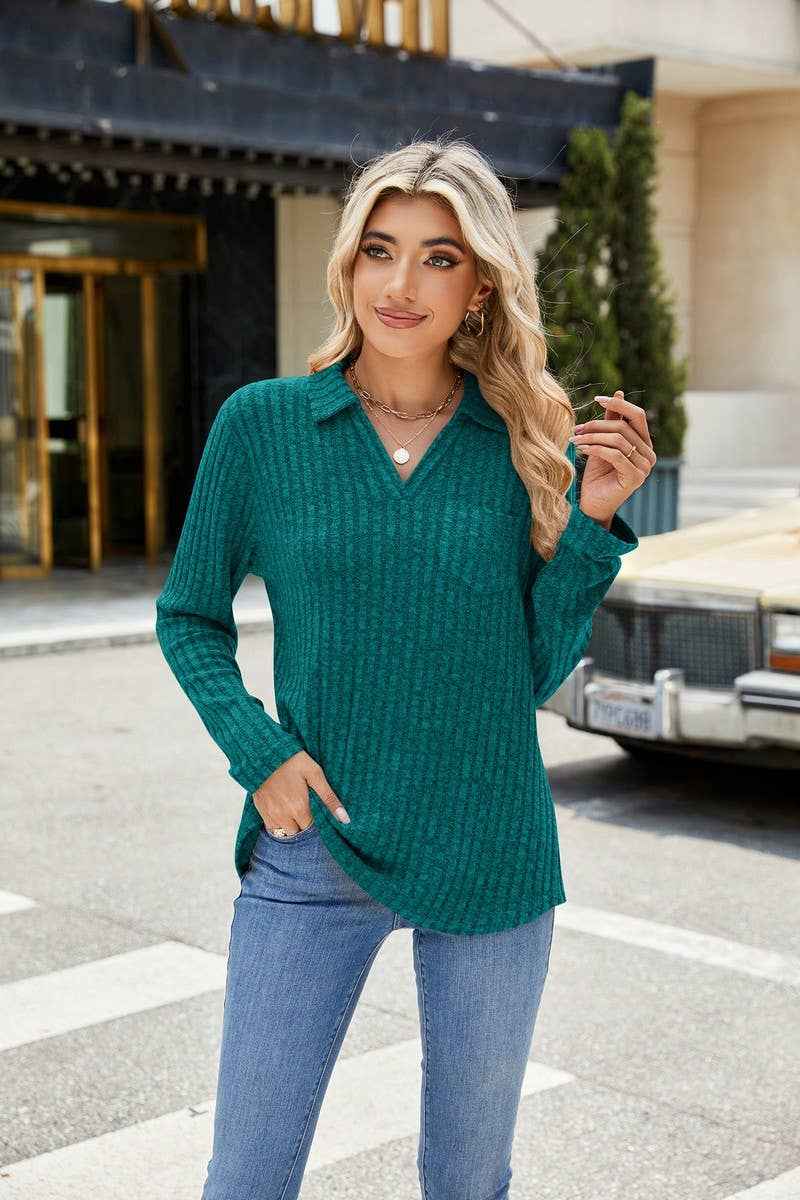 NINEXIS - CWTBLL01314_RIBBED KNIT POLO LONG SLEEVE LOOSE TEE