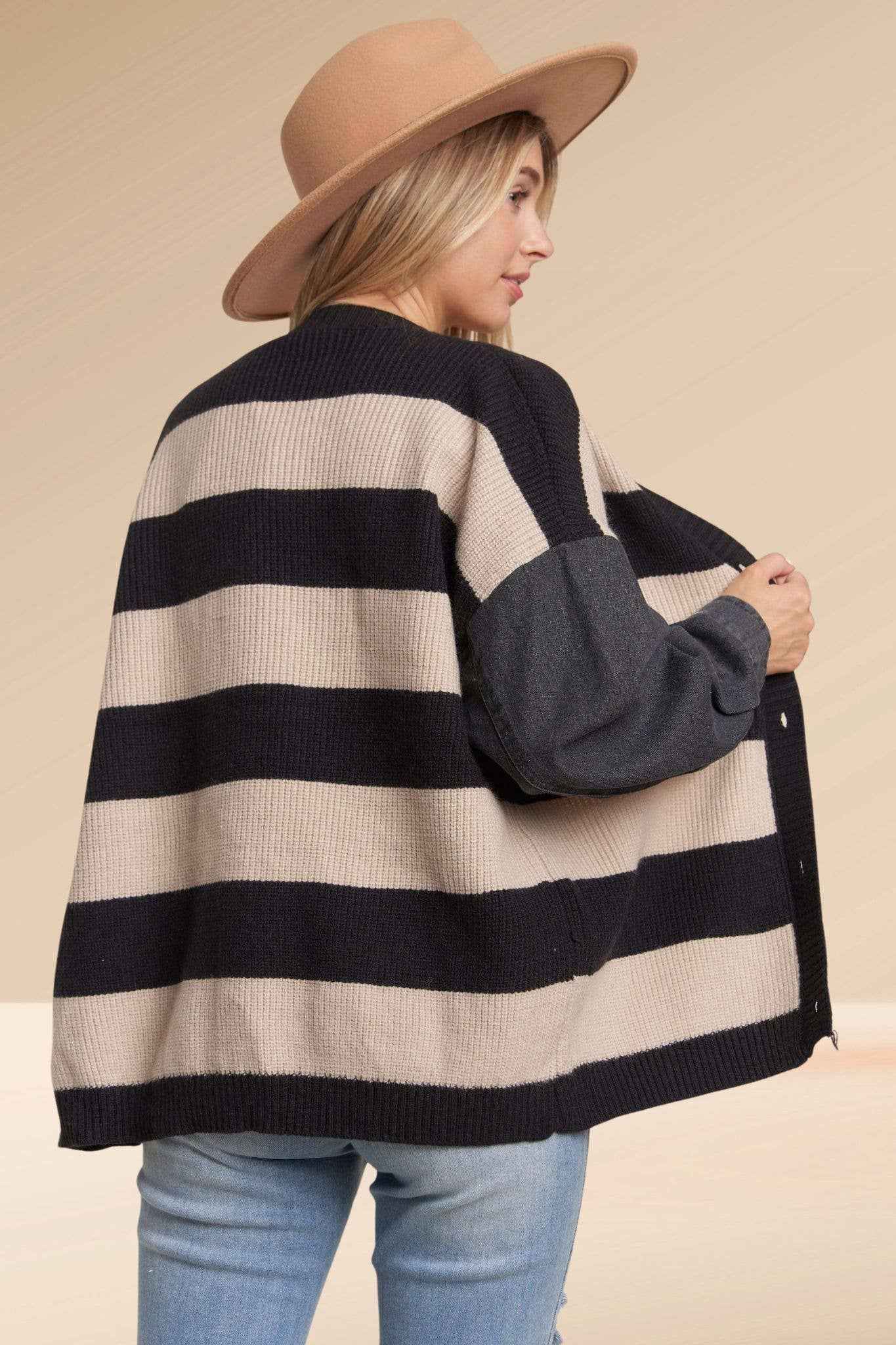 Madelyn - LESW3444A-DENIM SLEEVE STRIPE SWEATER CARDIGAN