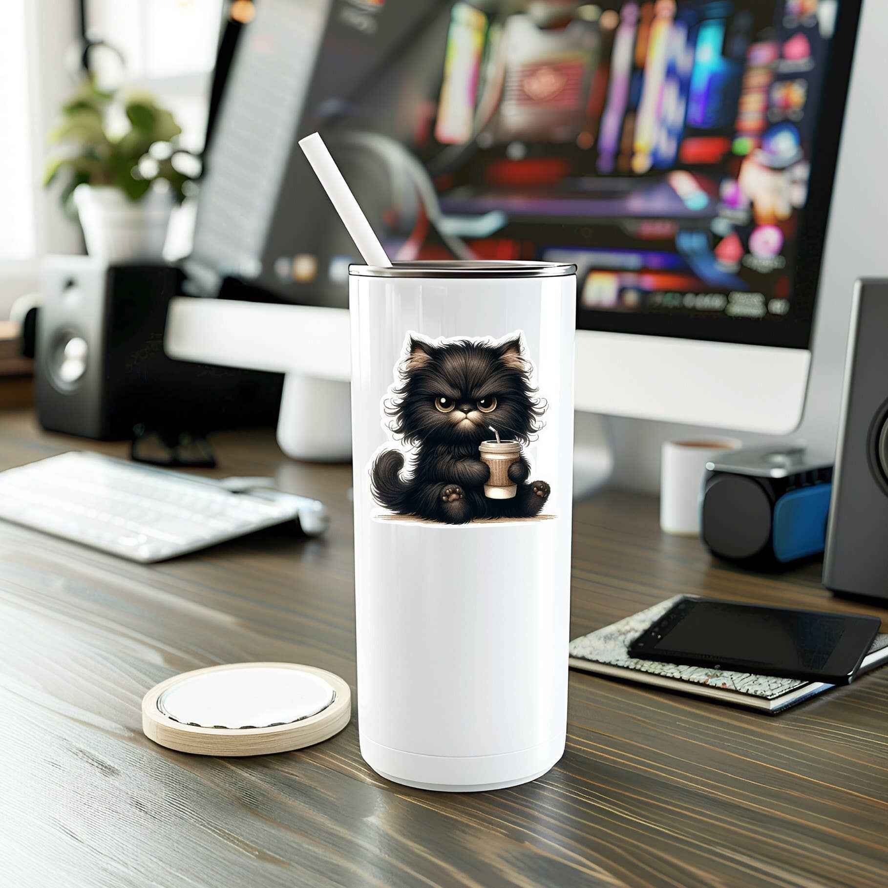 Funny Grumpy Coffee Cat Vinyl Sticker