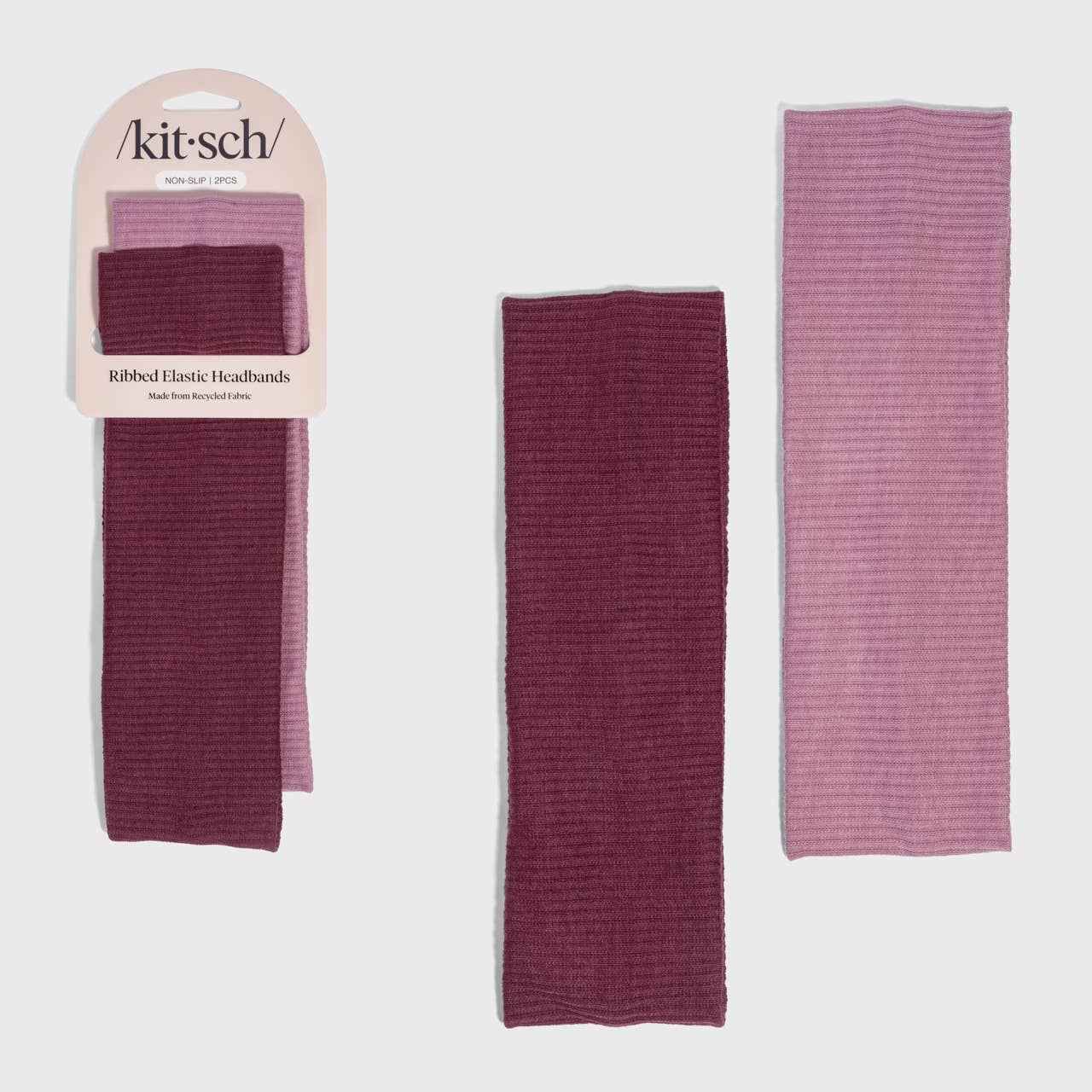 KITSCH - Recycled Fabric Ribbed Elastic Headbands 2pc Set - Cherry Lacquer & Dusty Pink