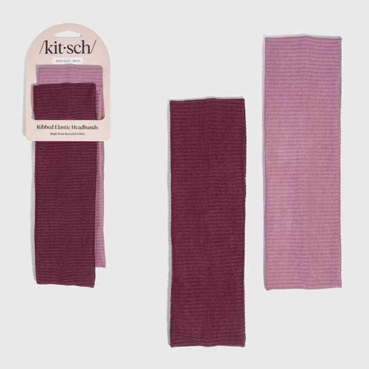 KITSCH - Recycled Fabric Ribbed Elastic Headbands 2pc Set - Cherry Lacquer & Dusty Pink