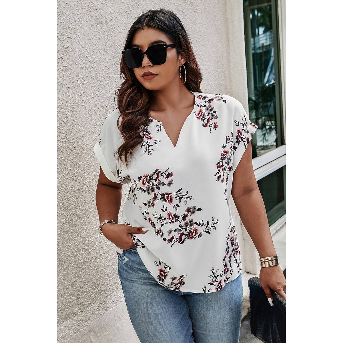 Plus Size Floral Print V Neck Loose Blouse