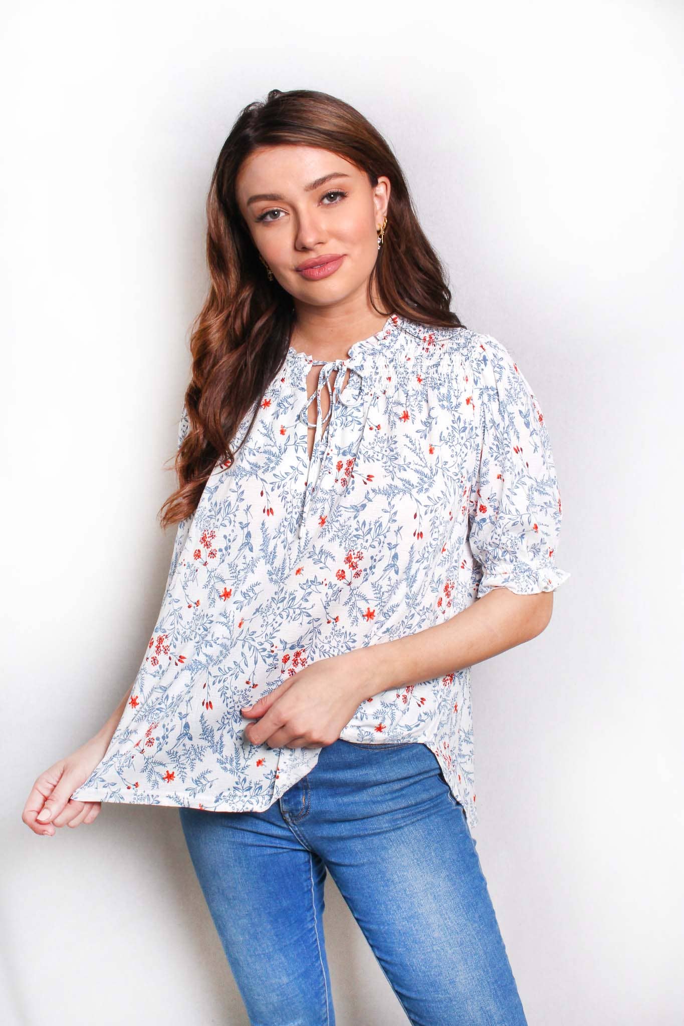 Ruffled Floral Smocked Blouse