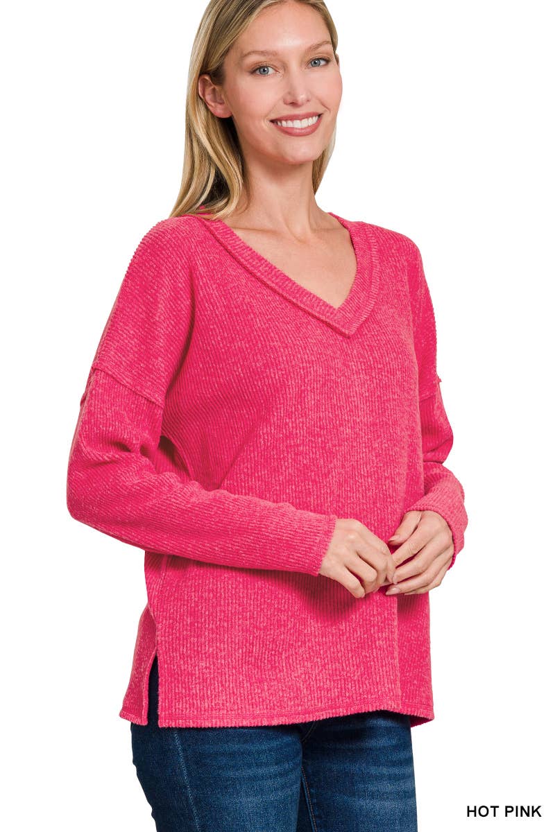 Ribbed V Neck Drop Shoulder Sweater - Threads Boutique